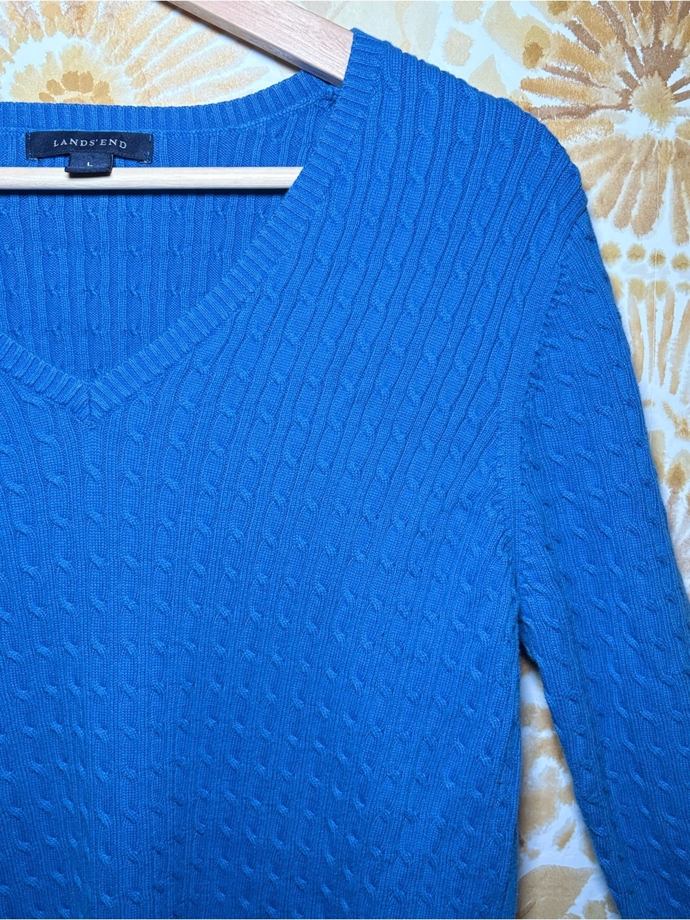 Lands' End Royal Blue Cable Knit V-Neck Sweater | Classic Preppy Pullover - Picture 7 of 10